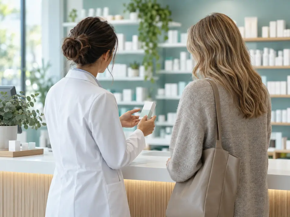 Pharmacist speaking with a person at a bright pharmacy counter